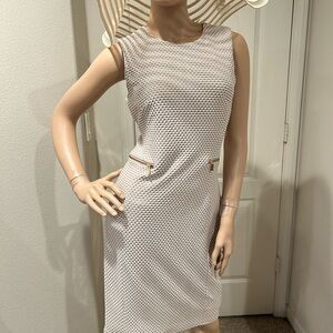Calvin Klein Sleeveless Textured Sheath Dress in Beige and Ivory